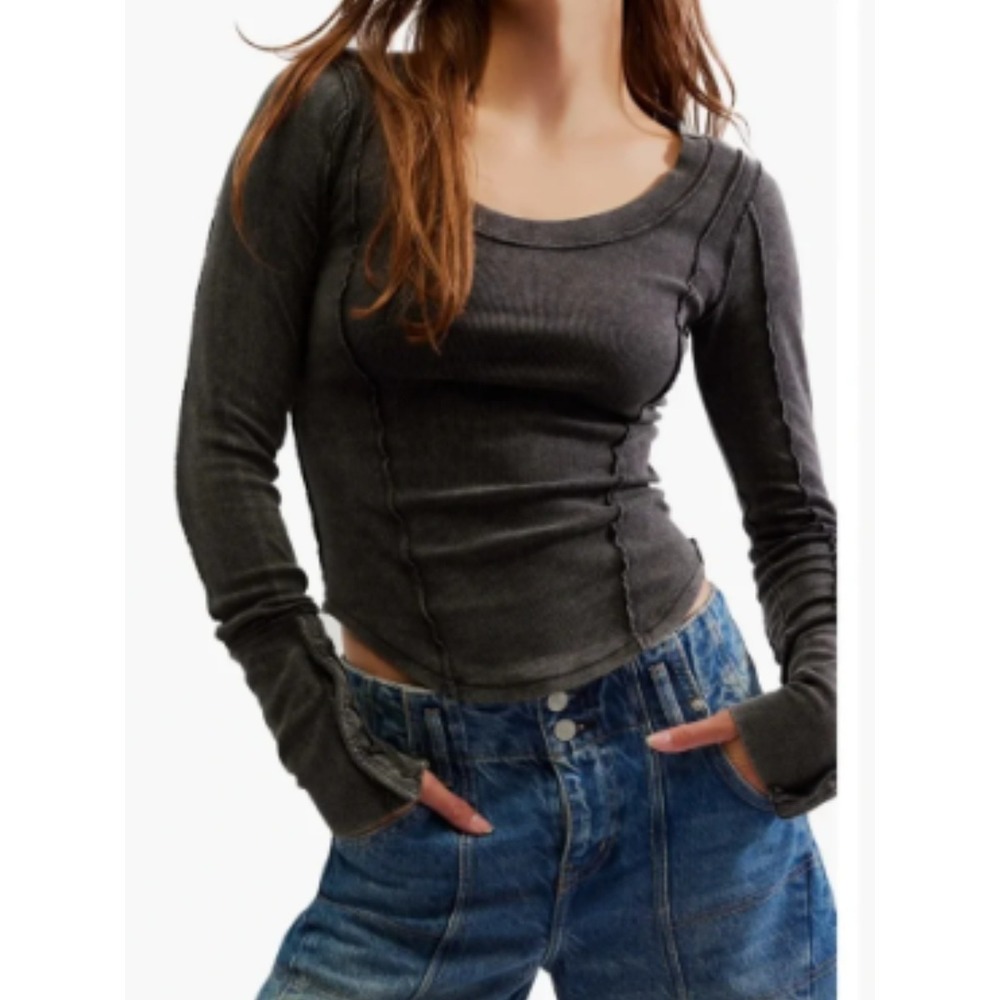 We The Free Top Charcoal Black Ribbed Long Sleeve Button Cuff Soft Grunge Shirt